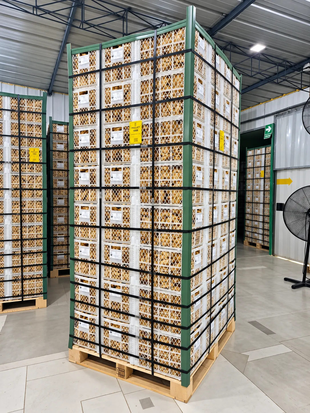 Pallet zunchado de jengibre orgánico en jabas plásticas, listo para la entrega